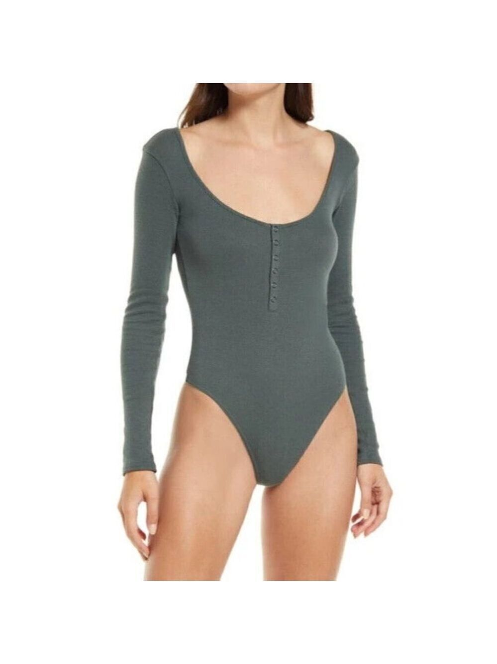 Open Edit BNWOT green henley bodysuit top sz large NEW long sleeve